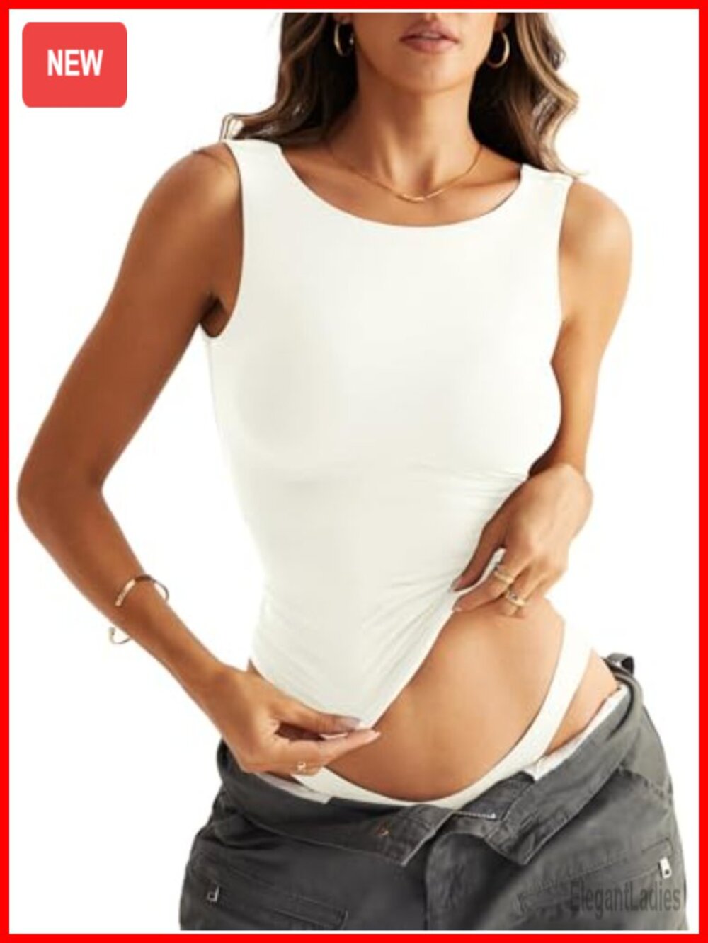 Double Lined Boat Neck Backless Tank Top Sleeveless Fitted Summer